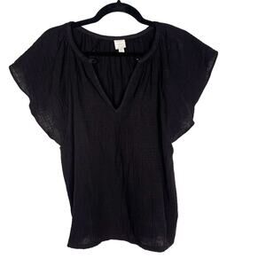 Evereve Roan + Ryan XS Black Elliott Gauze Flutter Sleeve VNeck Top Short Sleeve